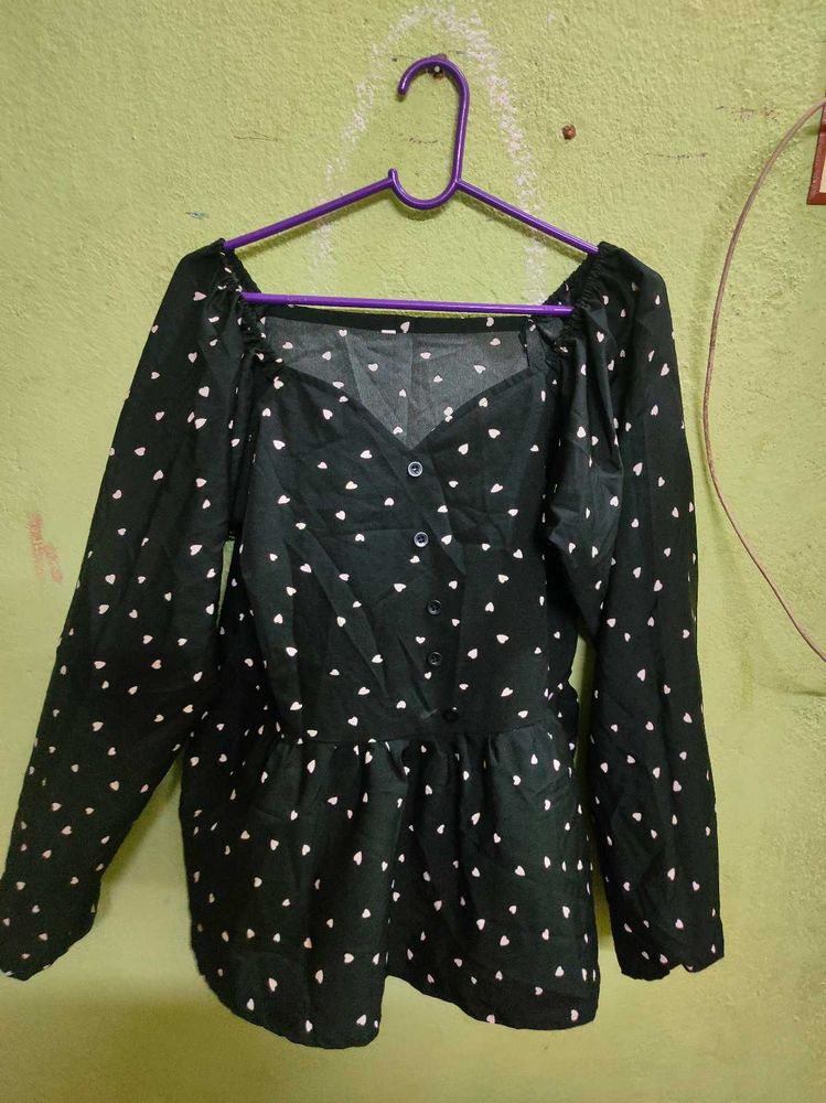 Black Sweetheart Neck Top With White Hearts Print