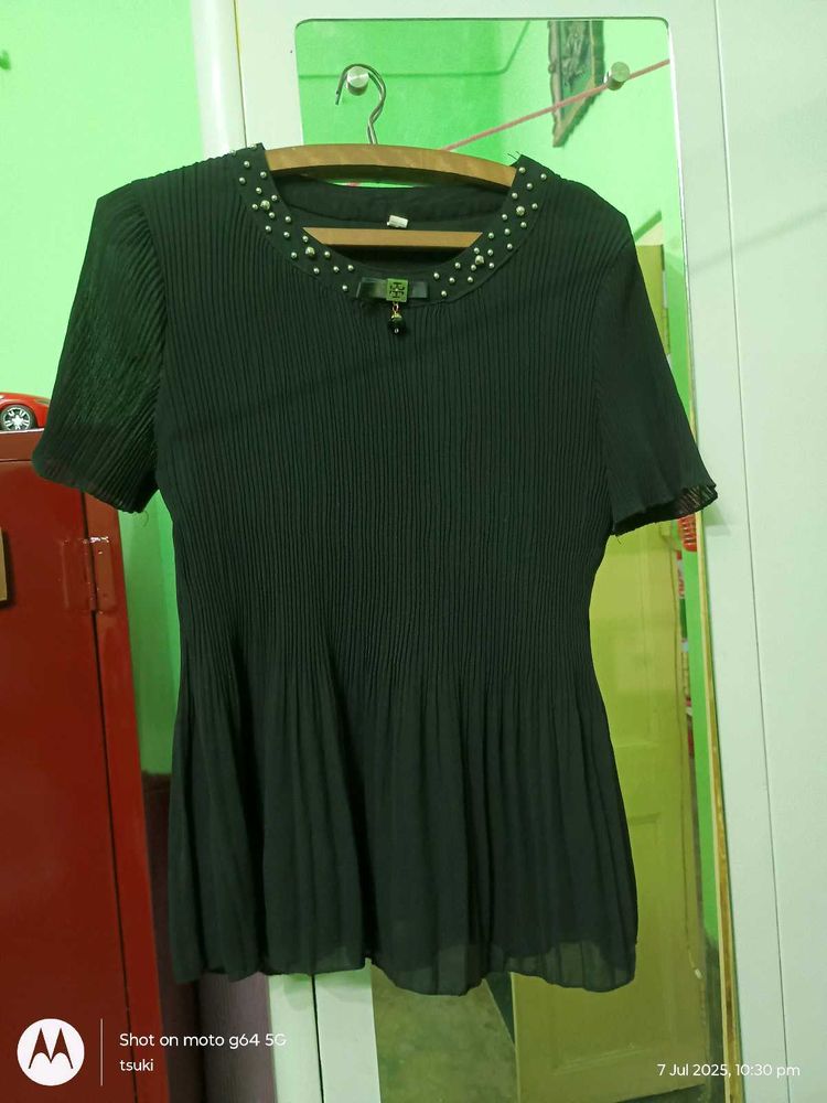 plaid black top with beads &amp; stones design neck