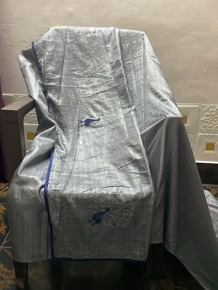 Elegant Silver Embroidered Saree
