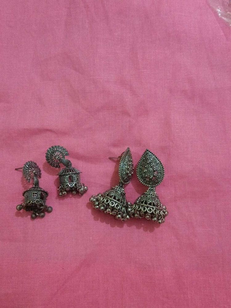 Oxidized Silver Jhumka Earrings Set
