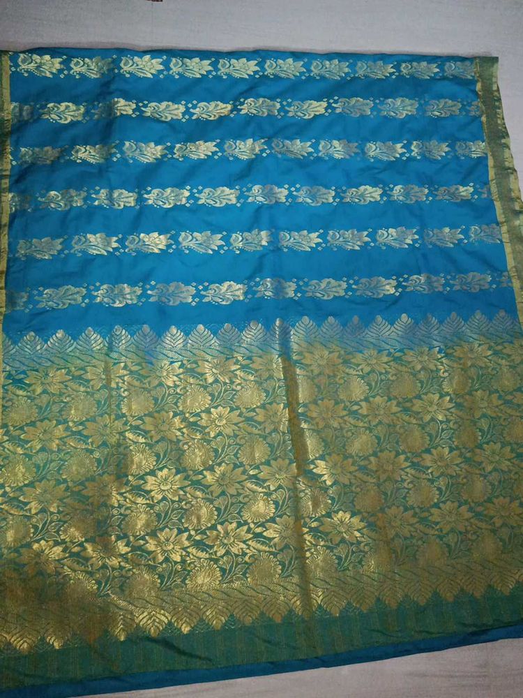Blue &amp; Gold Floral Saree