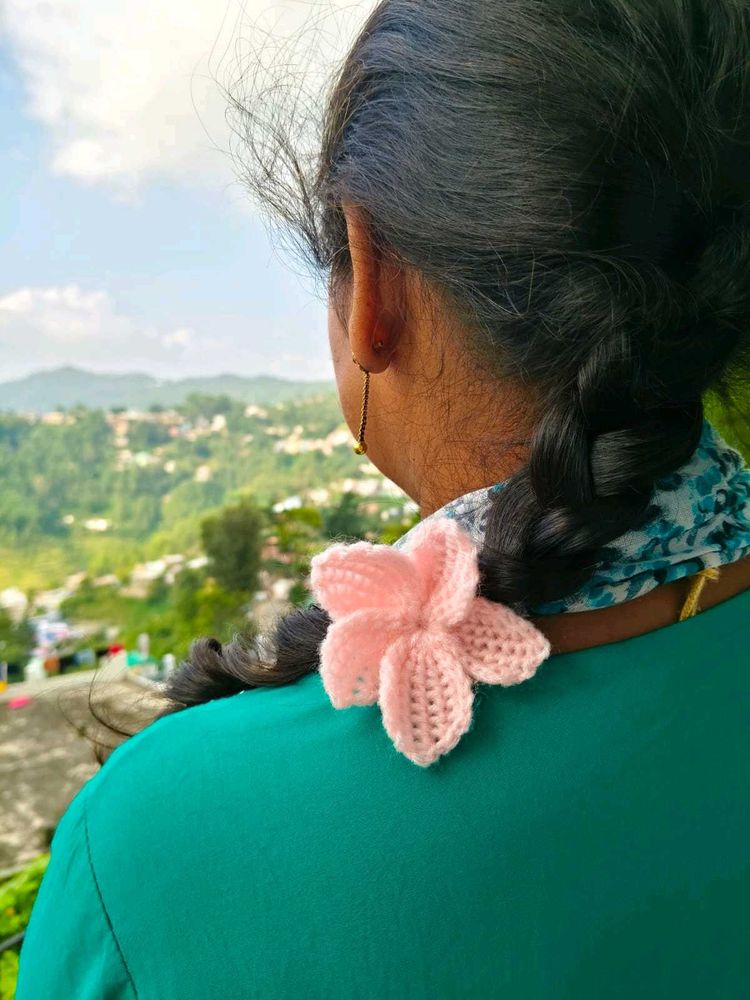 Pink Knitted Flower Hair Tie And Clip