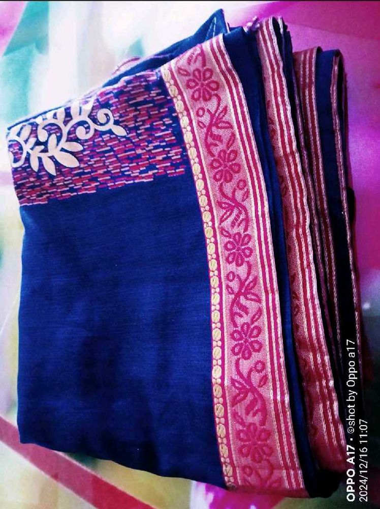 Beautiful Blue Saree With Velvet Blouse Piece