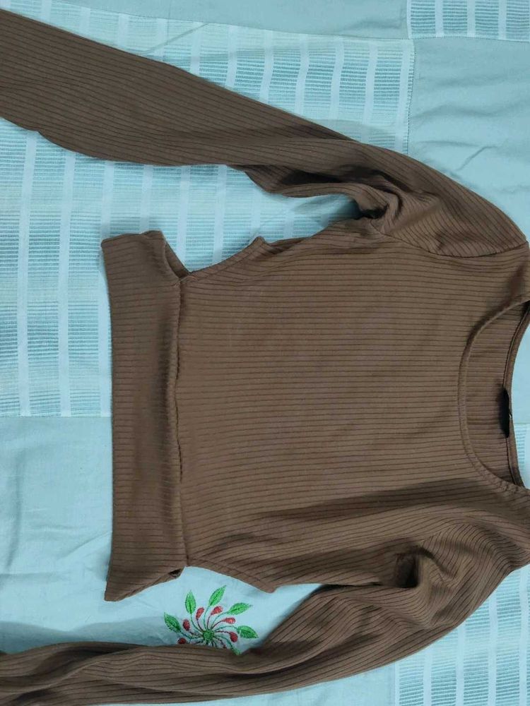 Brown Ribbed Cutout Top