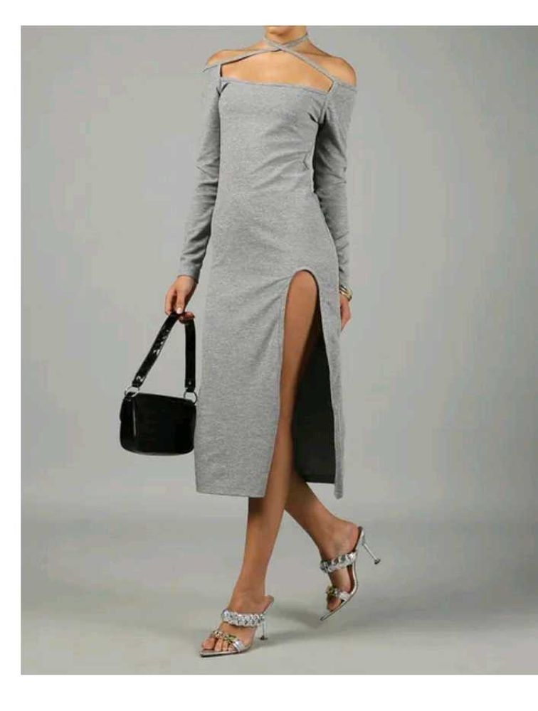 Gray Off-Shoulder Slit Midi Dress