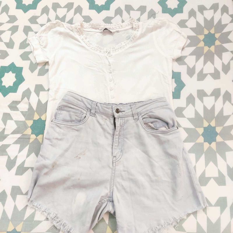 White Top With Denim Shorts