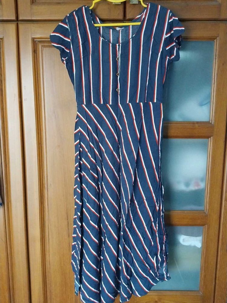 Navy Blue A - Line Midi Cotton Dress
