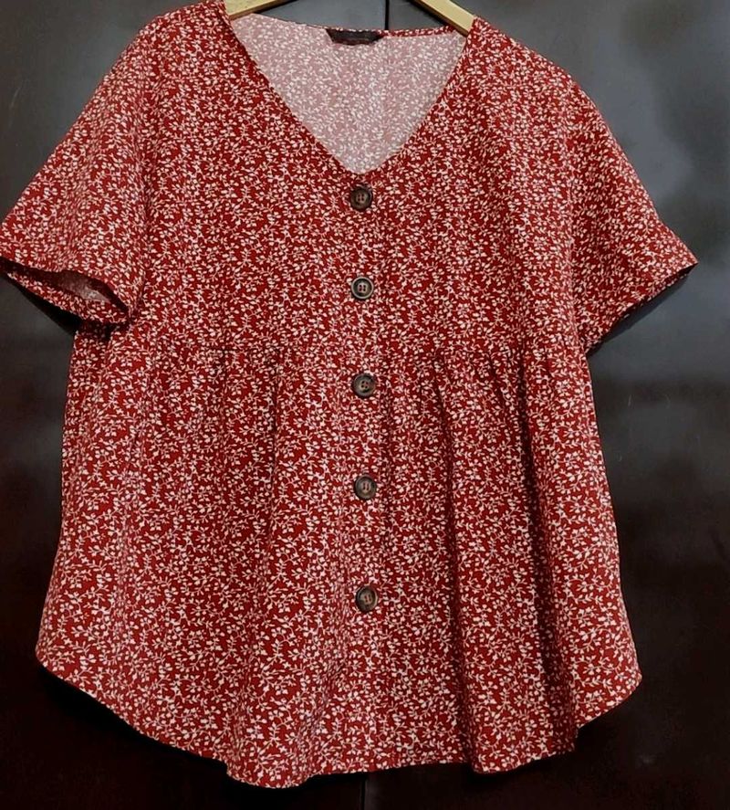 Rust Floral Print Button-Down Top For 38 Bust