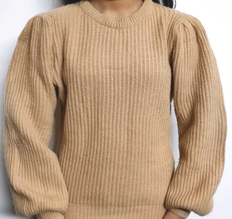 Beige Puff Sleeve Knit Sweater