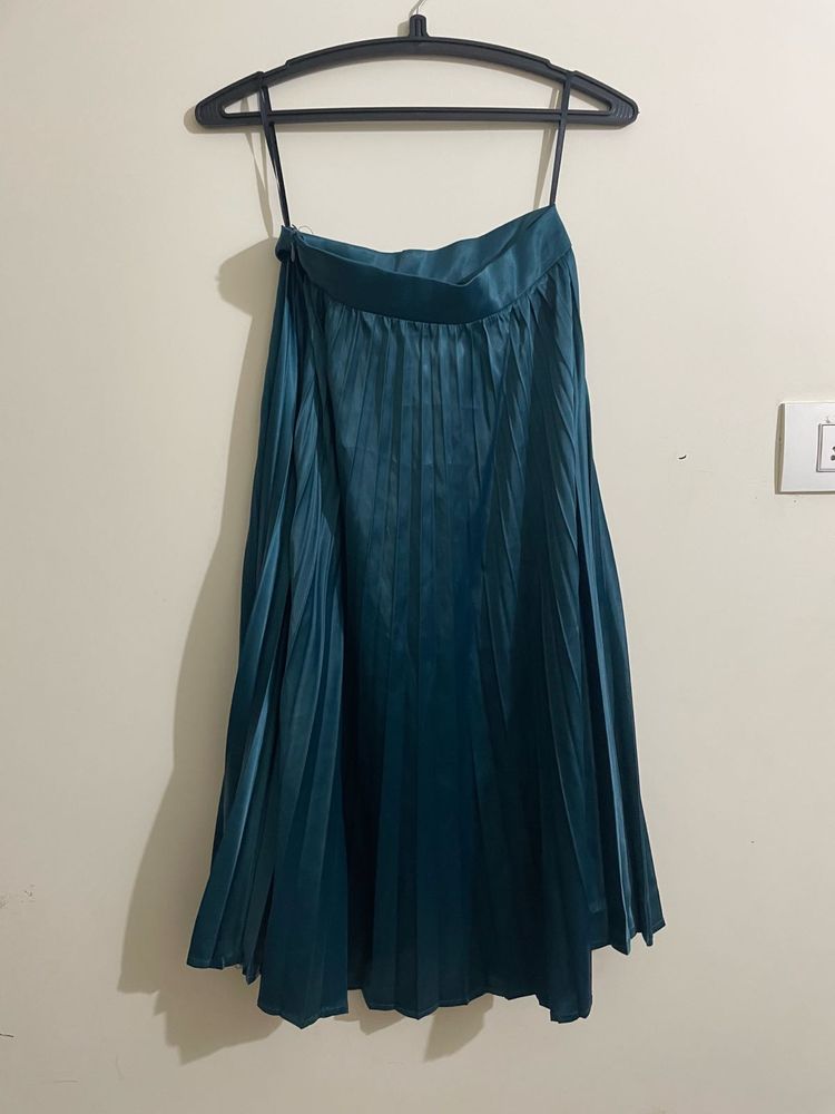 Teal Satin Pleated Skirt