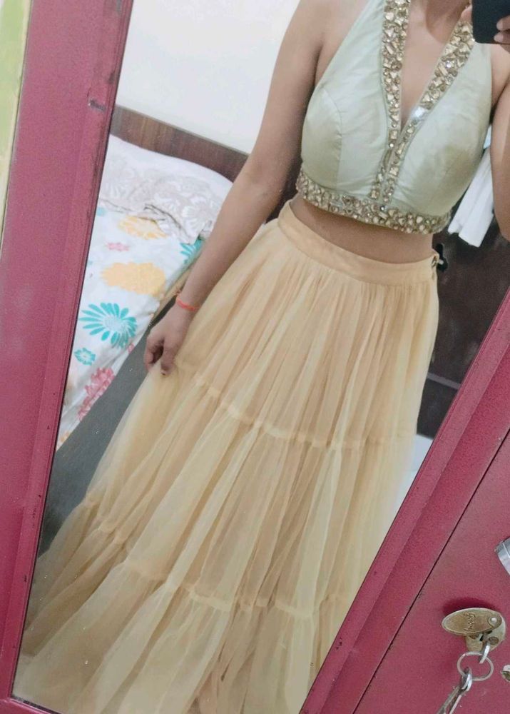 Halter Neck Blouse With Heavy Net Lehnga