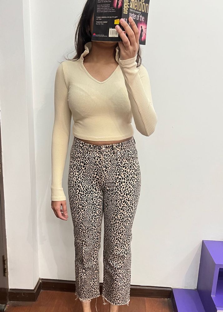 Beige Ribbed Collared Top