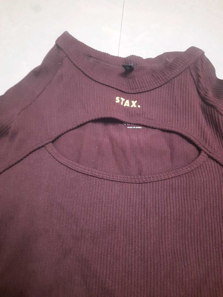 Stax Brown Ribbed Cutout Top