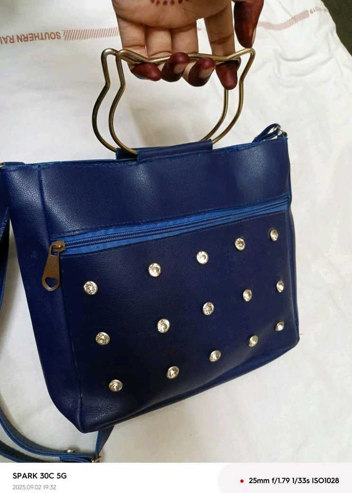 Blue Rhinestone Embellished Satchel