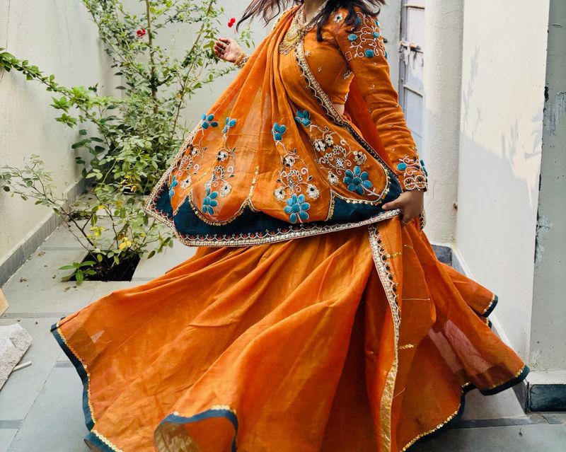 Orange Embroidered Lehenga Set