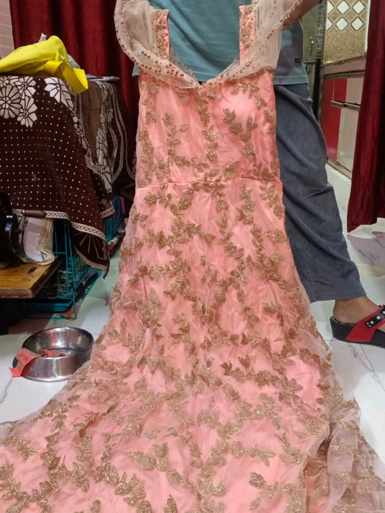 Elegant Peach Embroidered Gown