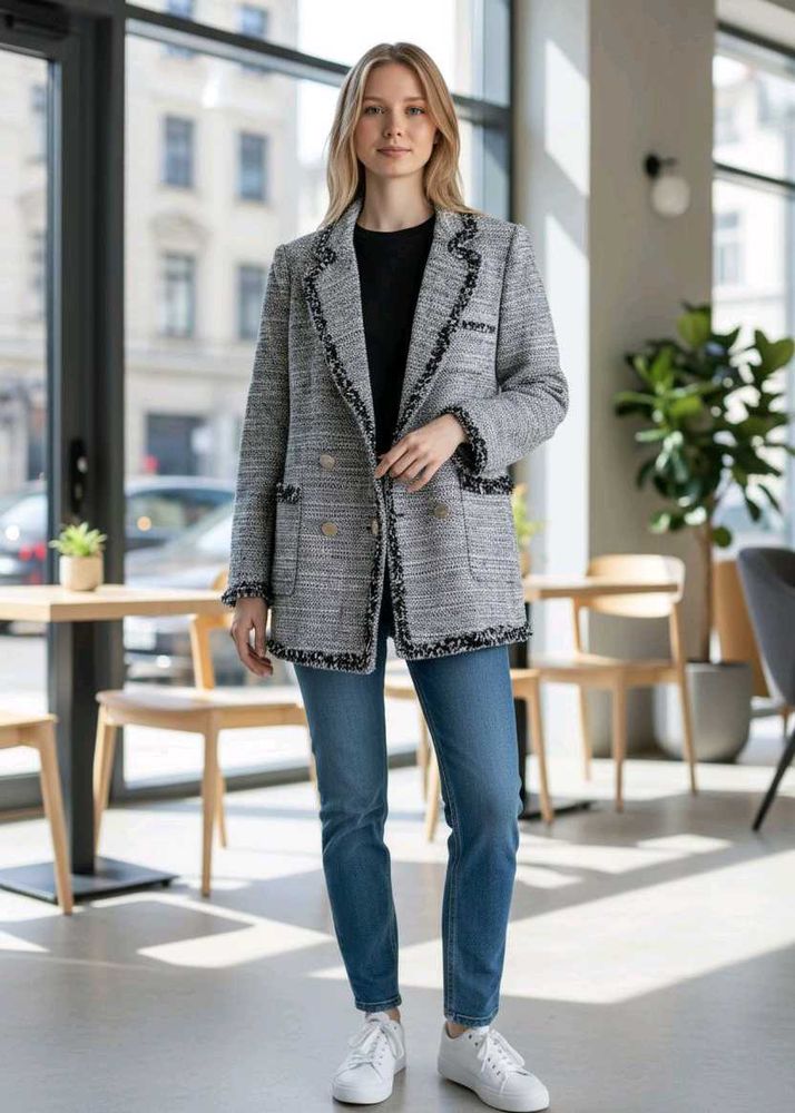 Sales 🔥Grey Tweed Blazer with Black Trim