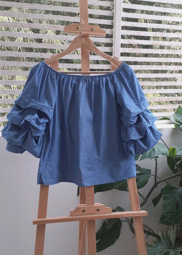 Blue Ruffle Sleeve Off-Shoulder Top