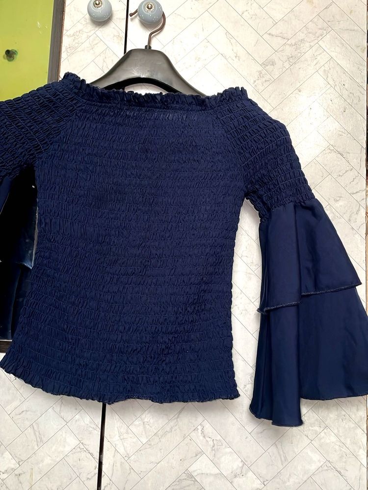 Navy Smocked Off-Shoulder Bell Sleeve Top