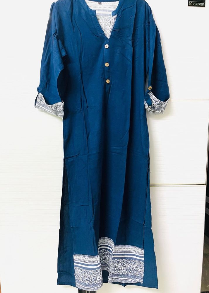 Blue Cotton Kurti with White Detail