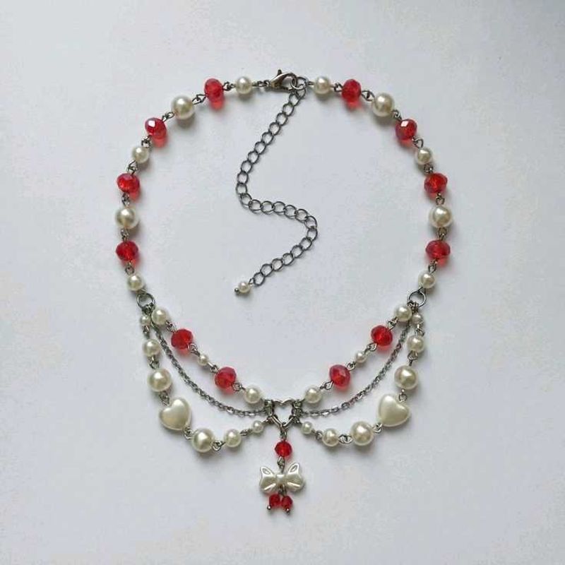 Red &amp; Pearl Heart Bow Necklace