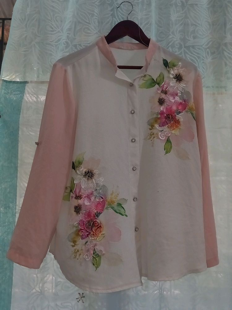 Pink White Crepe Top With Net Design