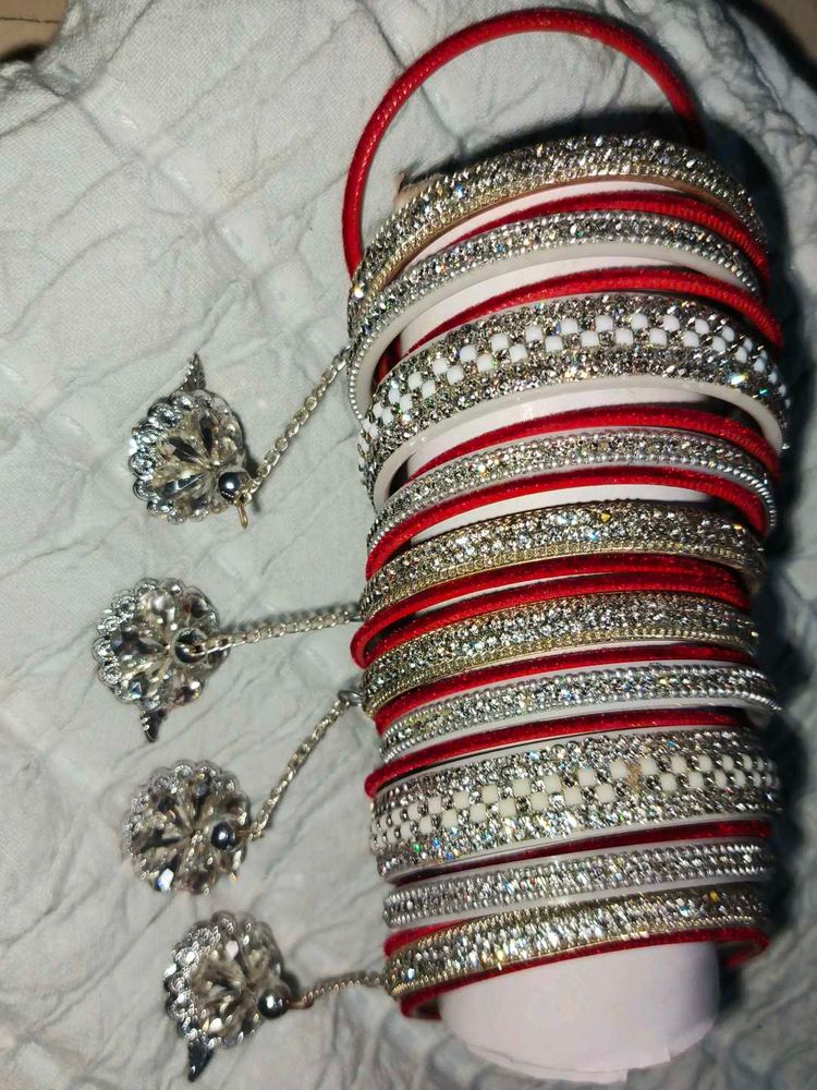 Red &amp; Silver Bangles Set Size ( 2.6 )
