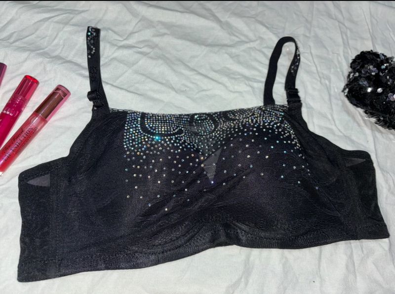 Rhinestone Black Bra