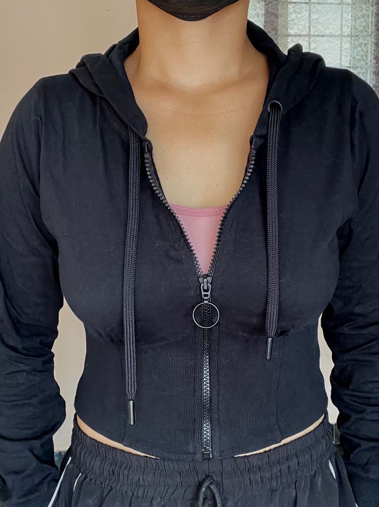Black Cropped Zip Hoodie