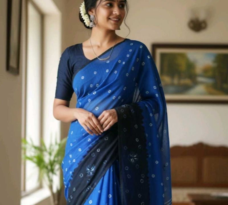 Blue bhandhani printed  cotton saree