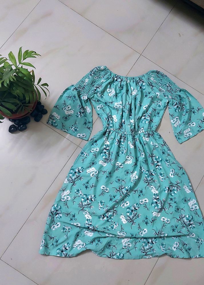 Chinese Floral Print Cyan Knee Length Dress