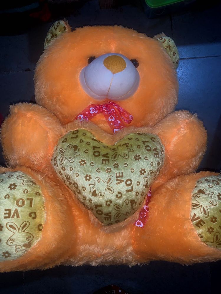 Orange Teddy Bear with Heart Pillow