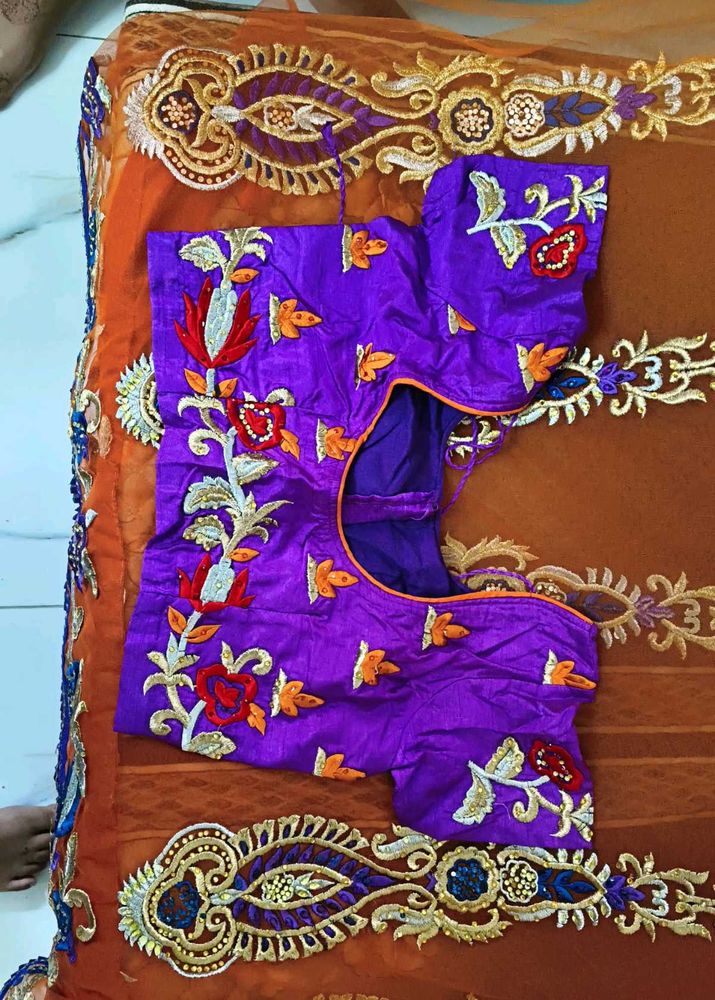 combo Purple Embroidered Blouse with saree and yel