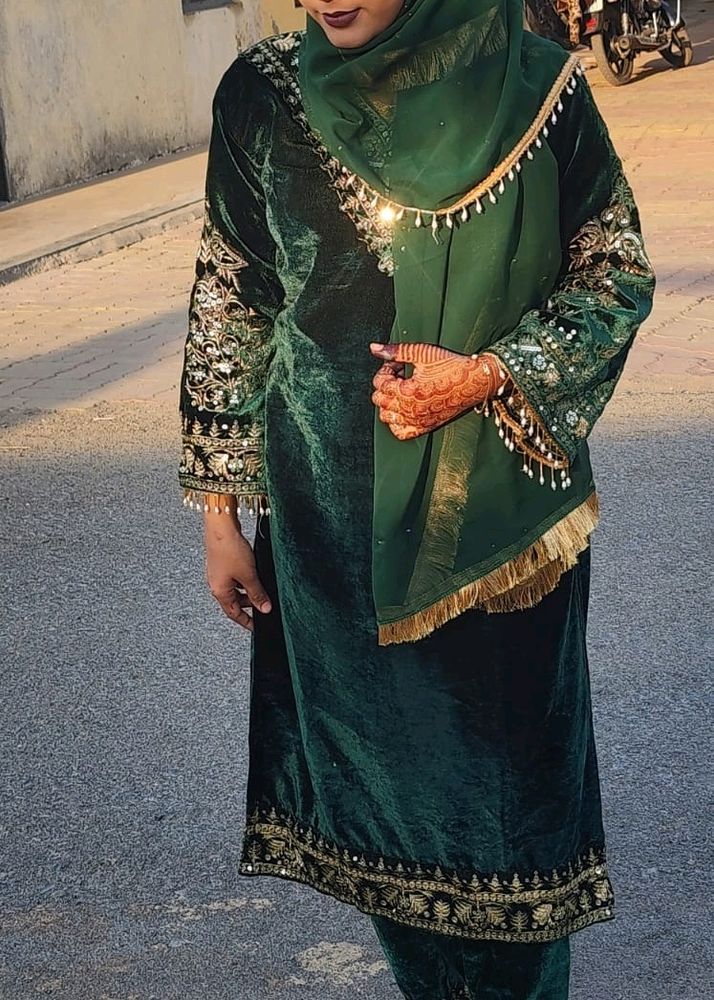 Bottle Green Pakistani Dress Back Said Plen Hee