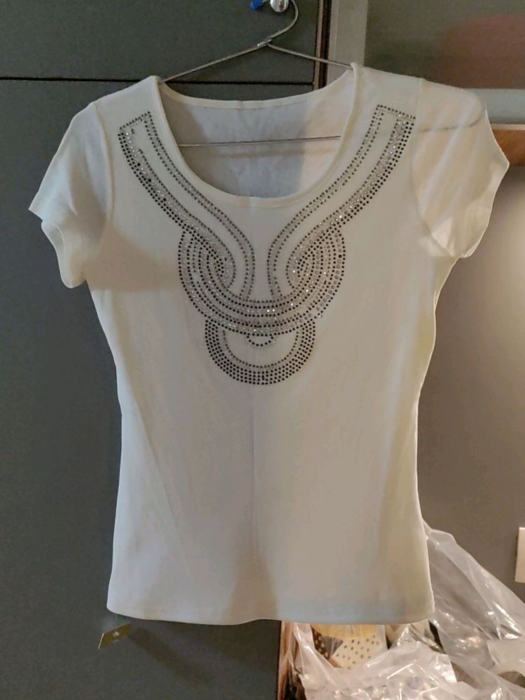 White Sequin Top With Sheer Fabric