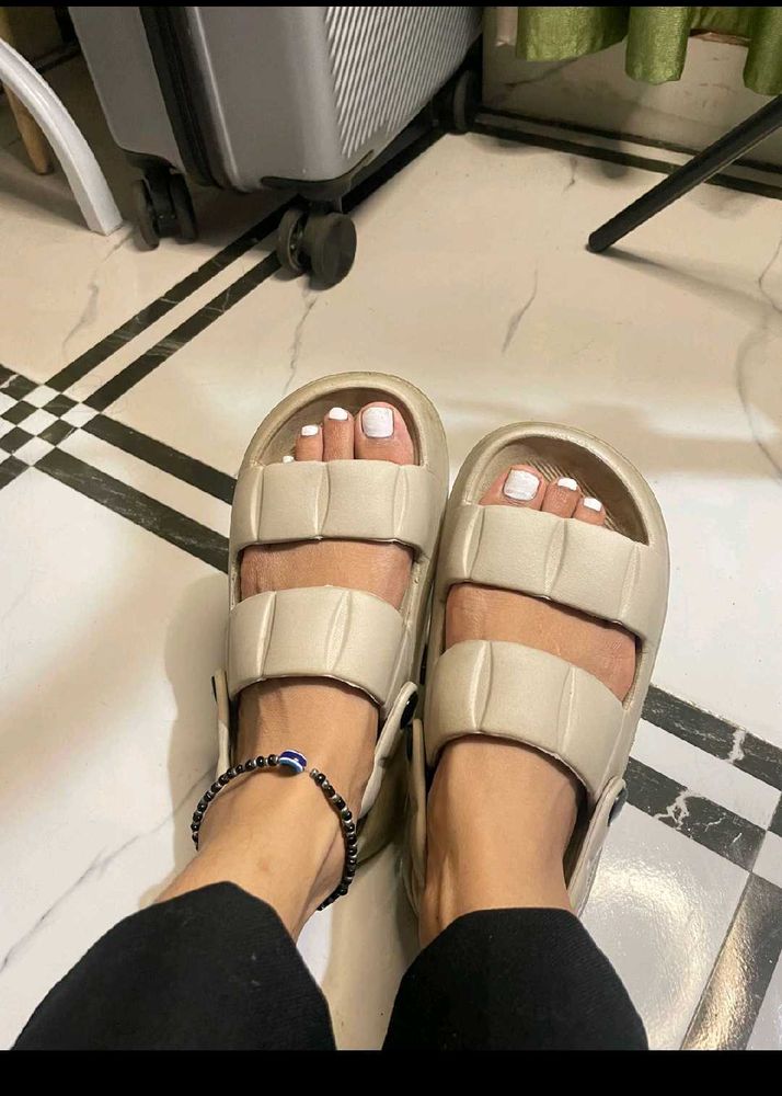 Beige Double Strap Slides