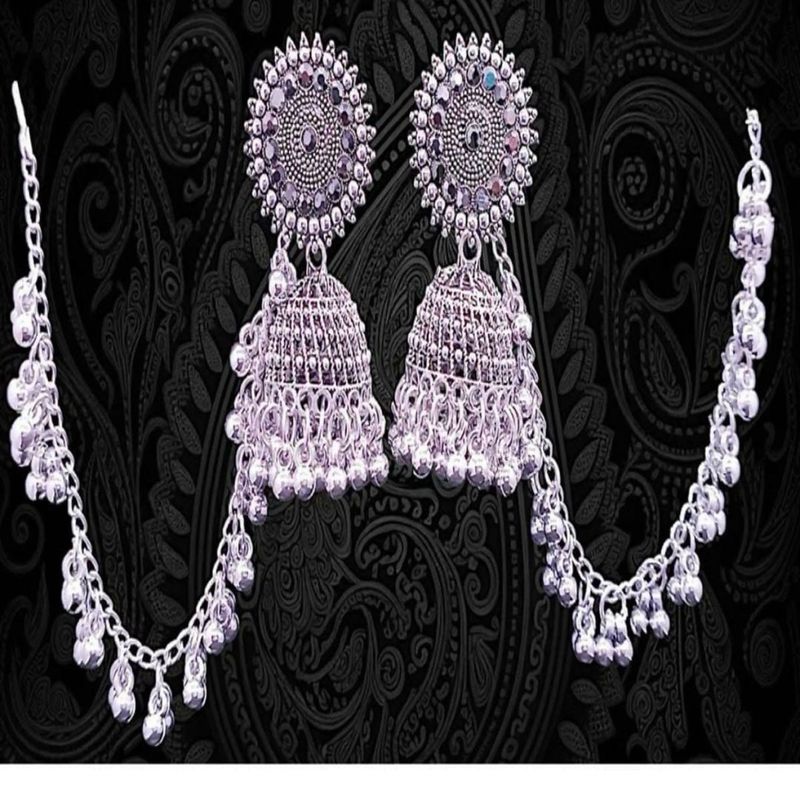 Silver Jhumka Earrings with Chain For Navratri