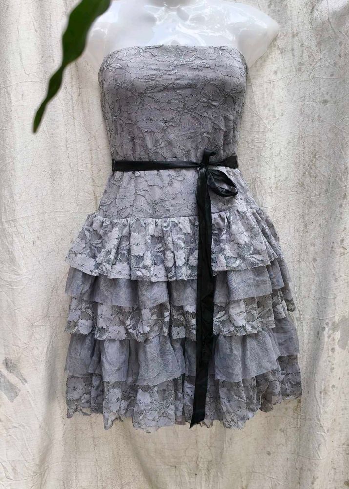 868. Gray Lace Strapless Dress