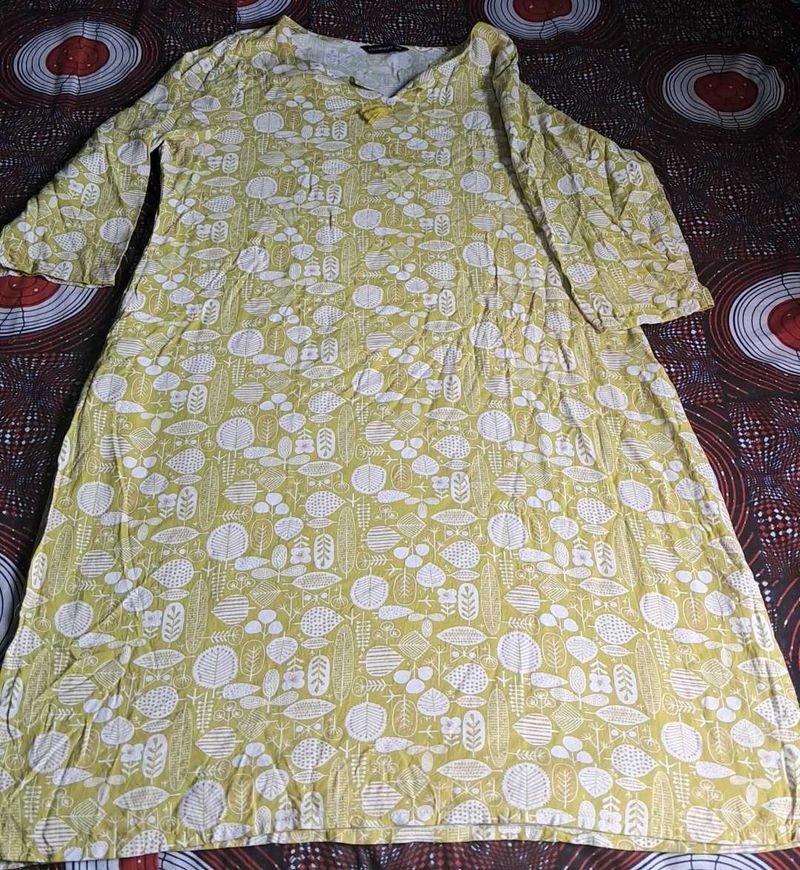 Yellow Printed Cotton Kurti/Dress – 3/4 Sleeve