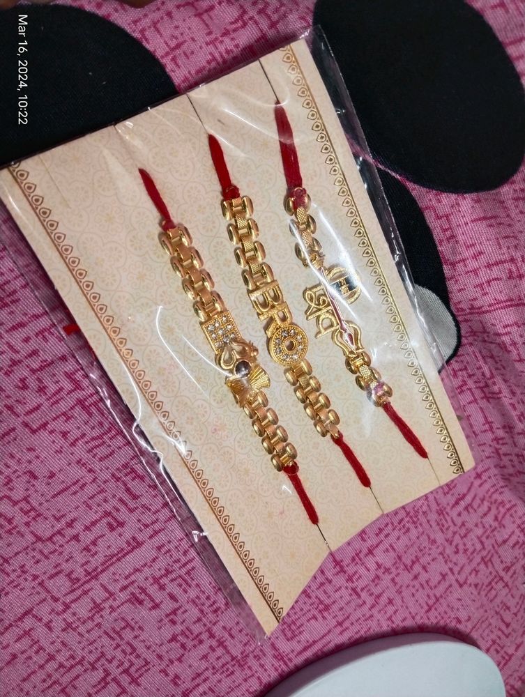 New Gold-Toned &amp; Red Set of 3 Designer Rakhi