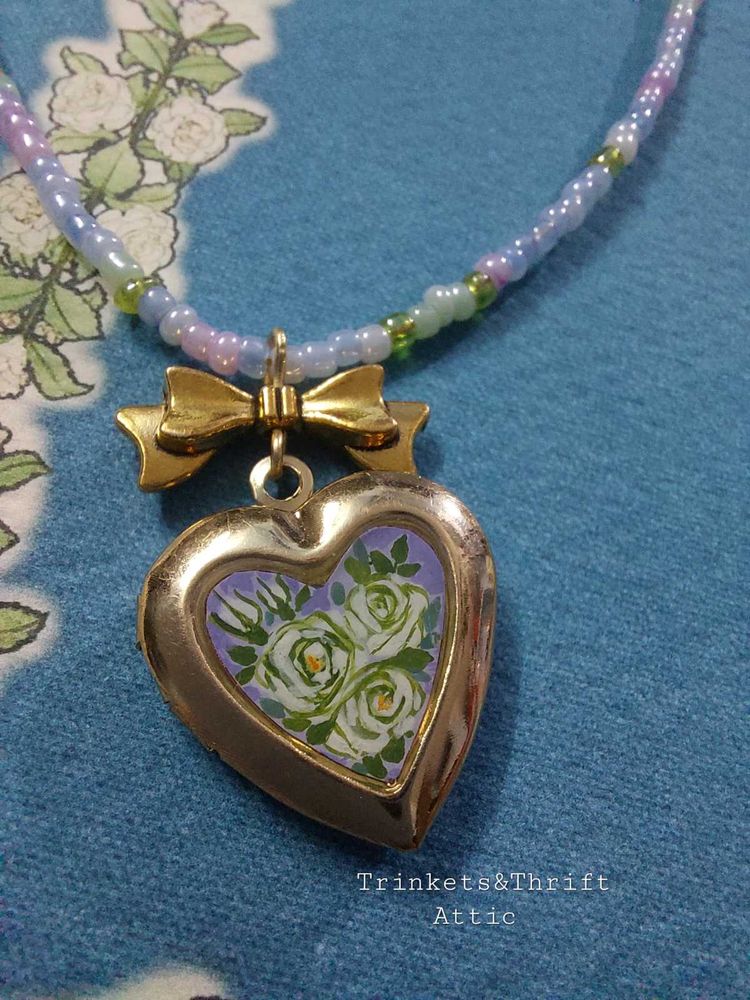 Hand painted Heart Locket Beaded Necklace