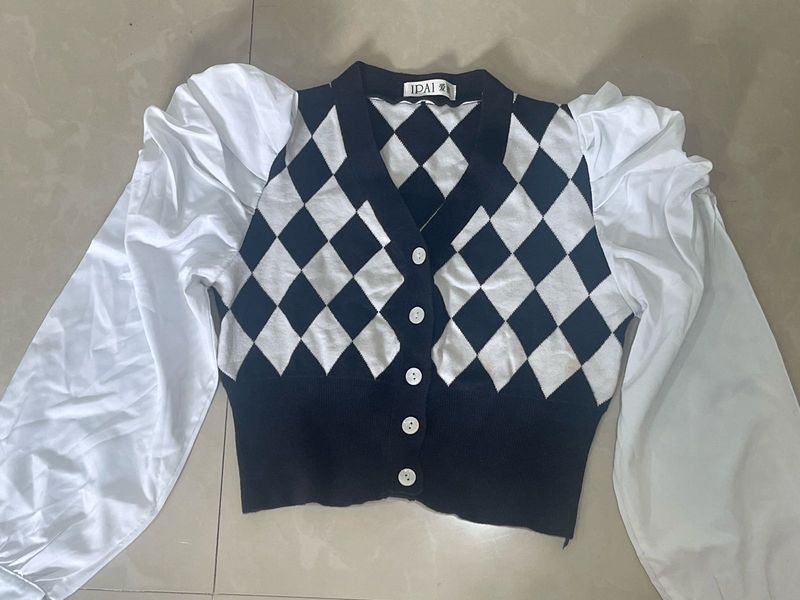 Argyle Puff Sleeve Cardigan