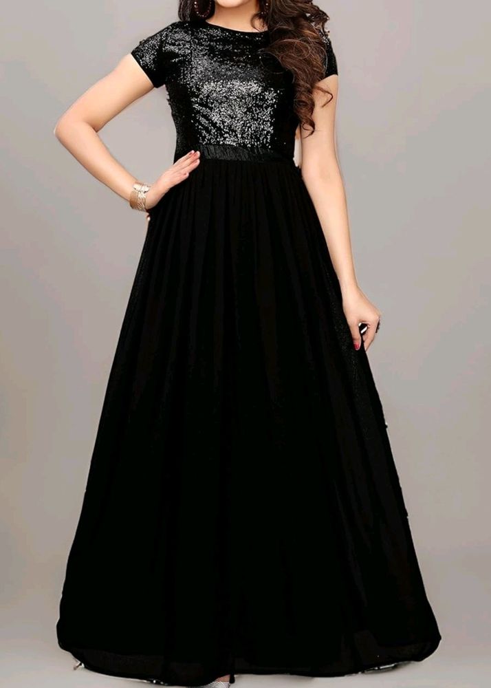 Wome Black Sequence Work Gown Maxi Dress