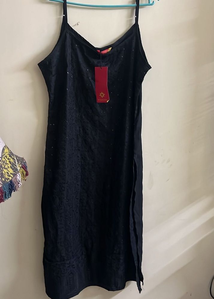 Sleeveless Black Kurta with Noodle Straps