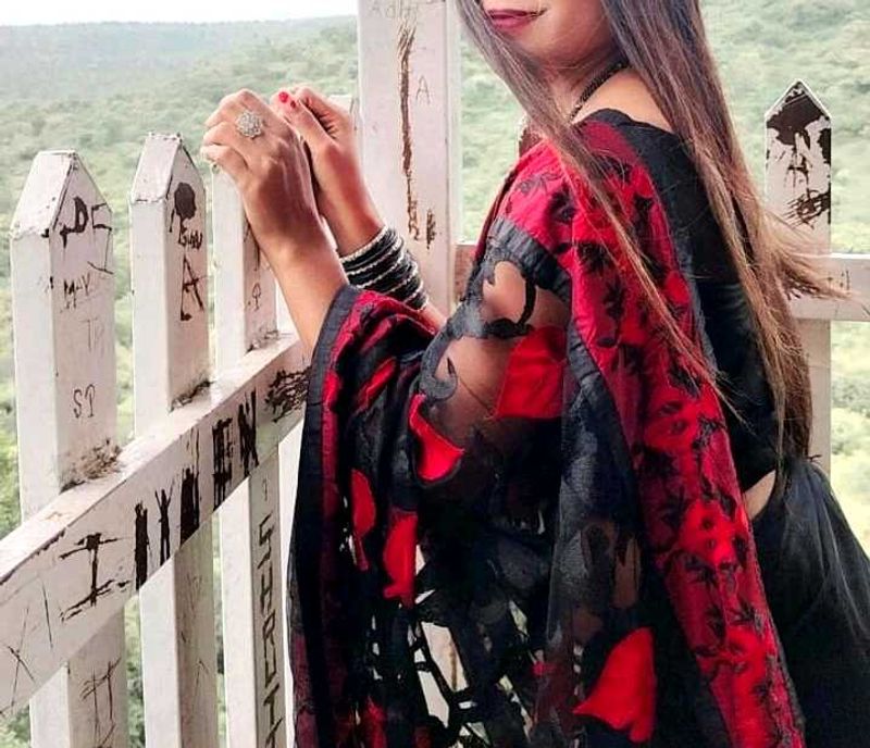 Red &amp; Black Saree with Sheer Details