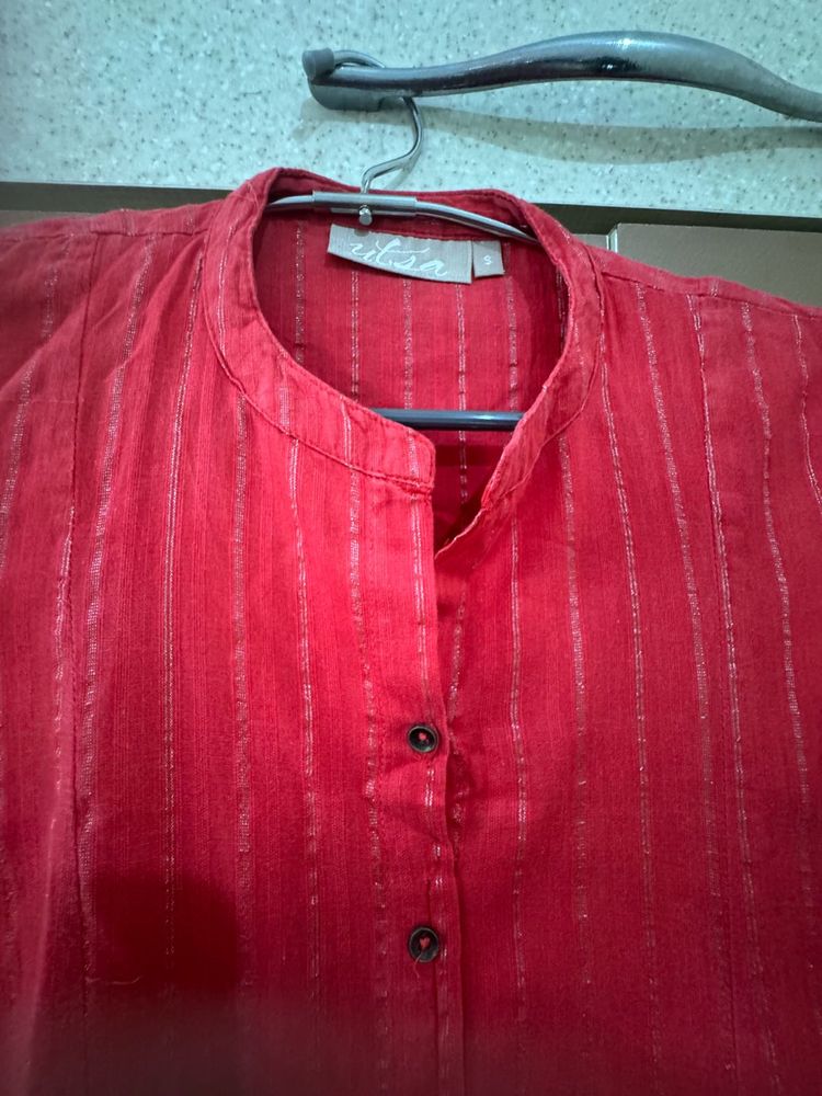 Red Striped Mandarin Collar Blouse