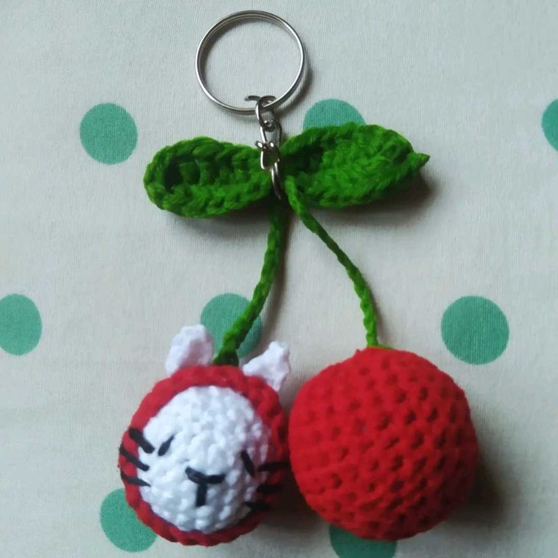 Cute Faced Cherry Crochet Keychain 1, Handmade