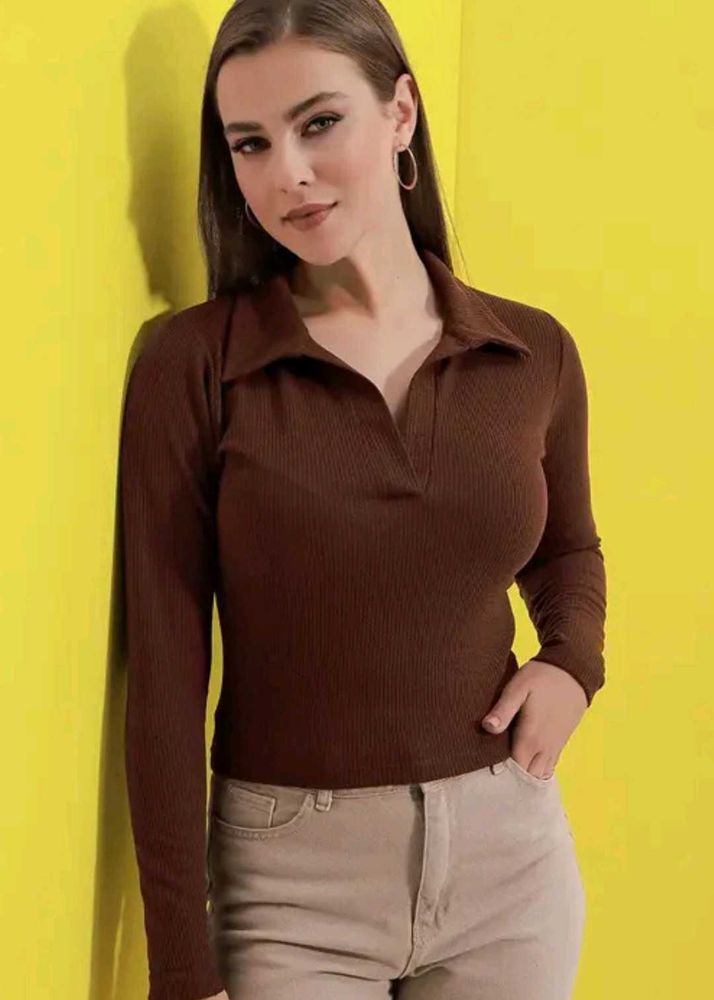 Brown Ribbed Long Sleeve Top