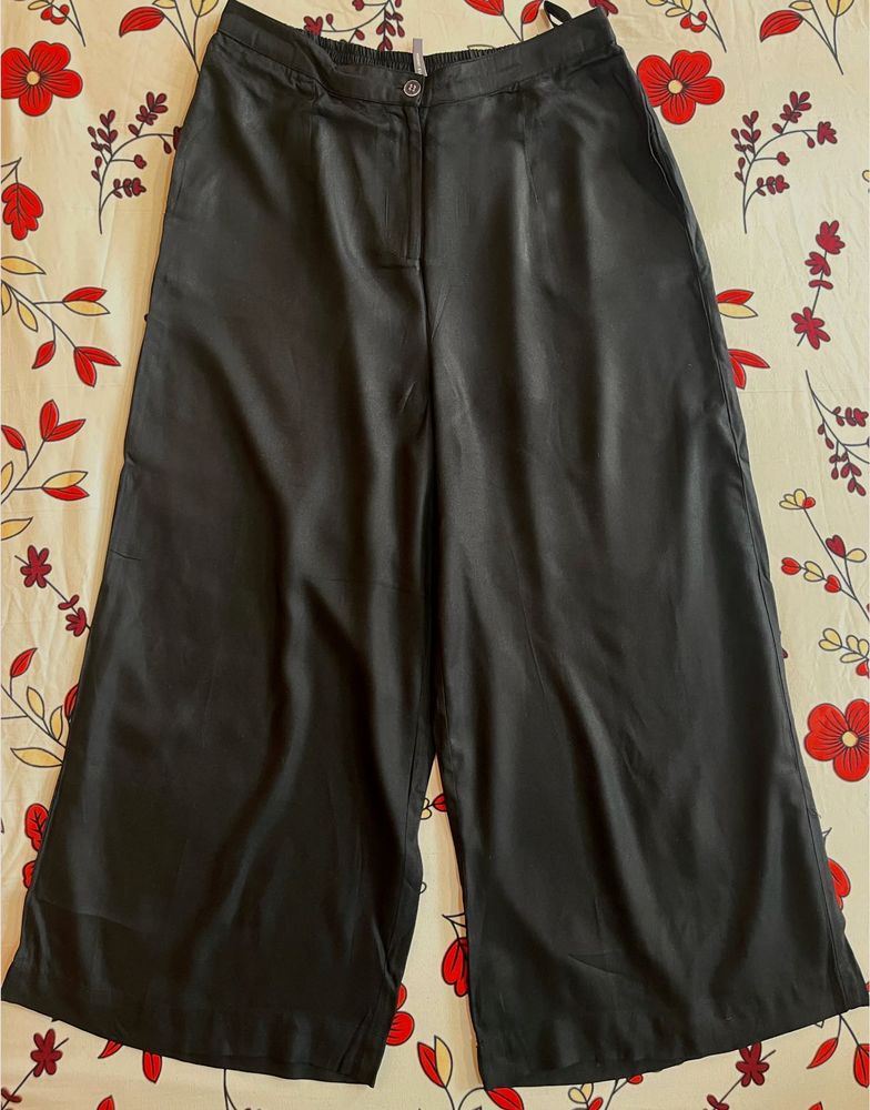 Black Satin Wide-Leg Culotte Pants