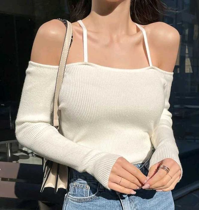 White Off-Shoulder Ribbed Long Sleeve Top